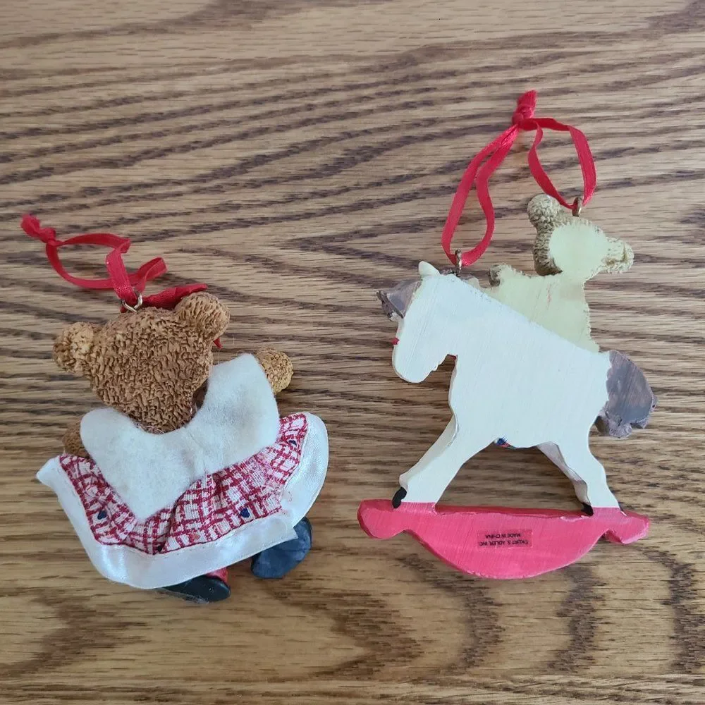 Kurt Adler Holly Bearies Vintage Girl and Boy Teddy Bear Rocking Horse Ornaments